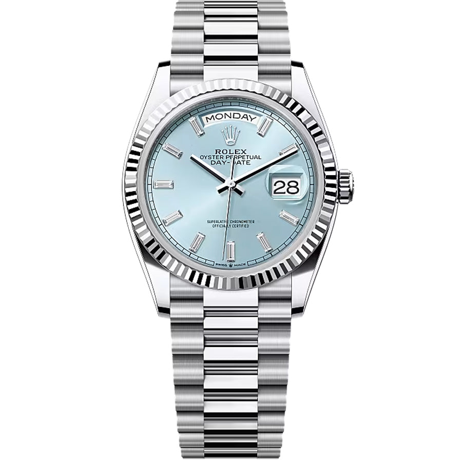Rolex 2025 Day-Date 36mm 128236 Ice Blue Baguette Diamond Dial