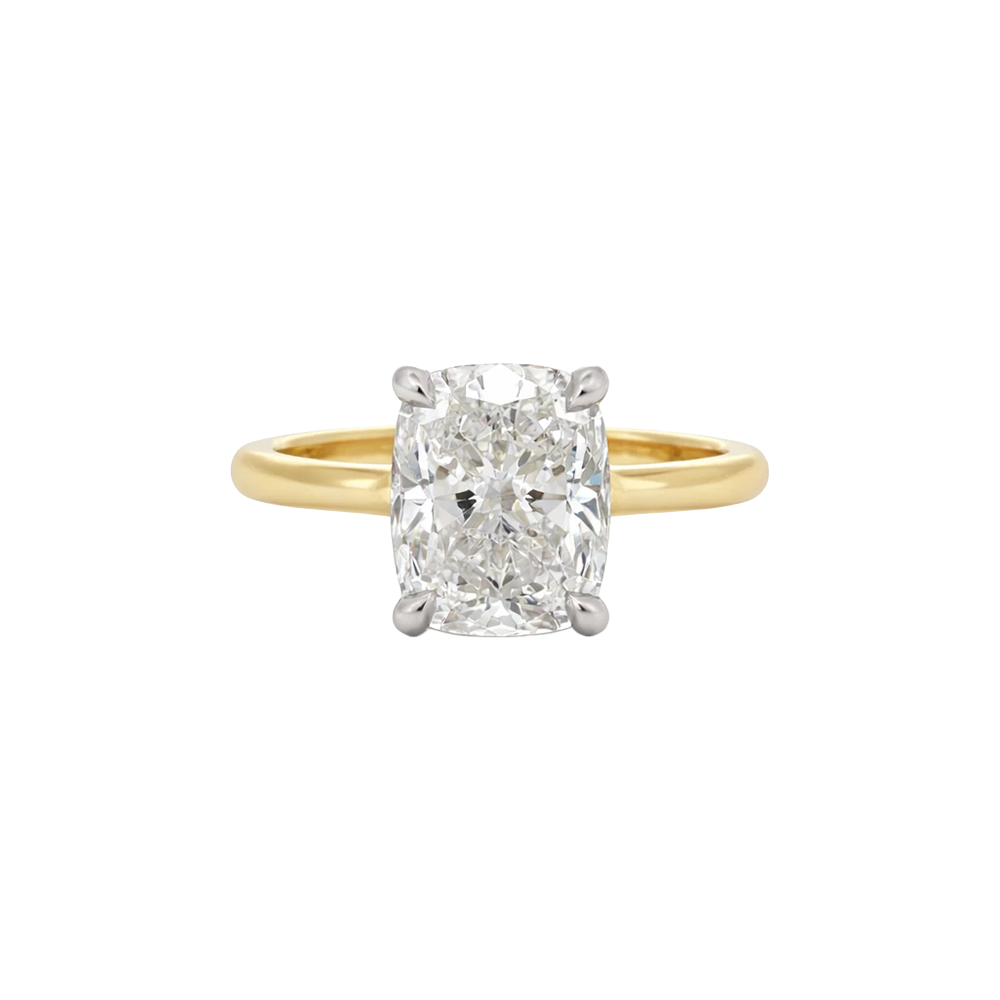 18K Y & Plat 5.07 Ct LGD E Vs1 Cushion Cut GIA Plain Band Ring