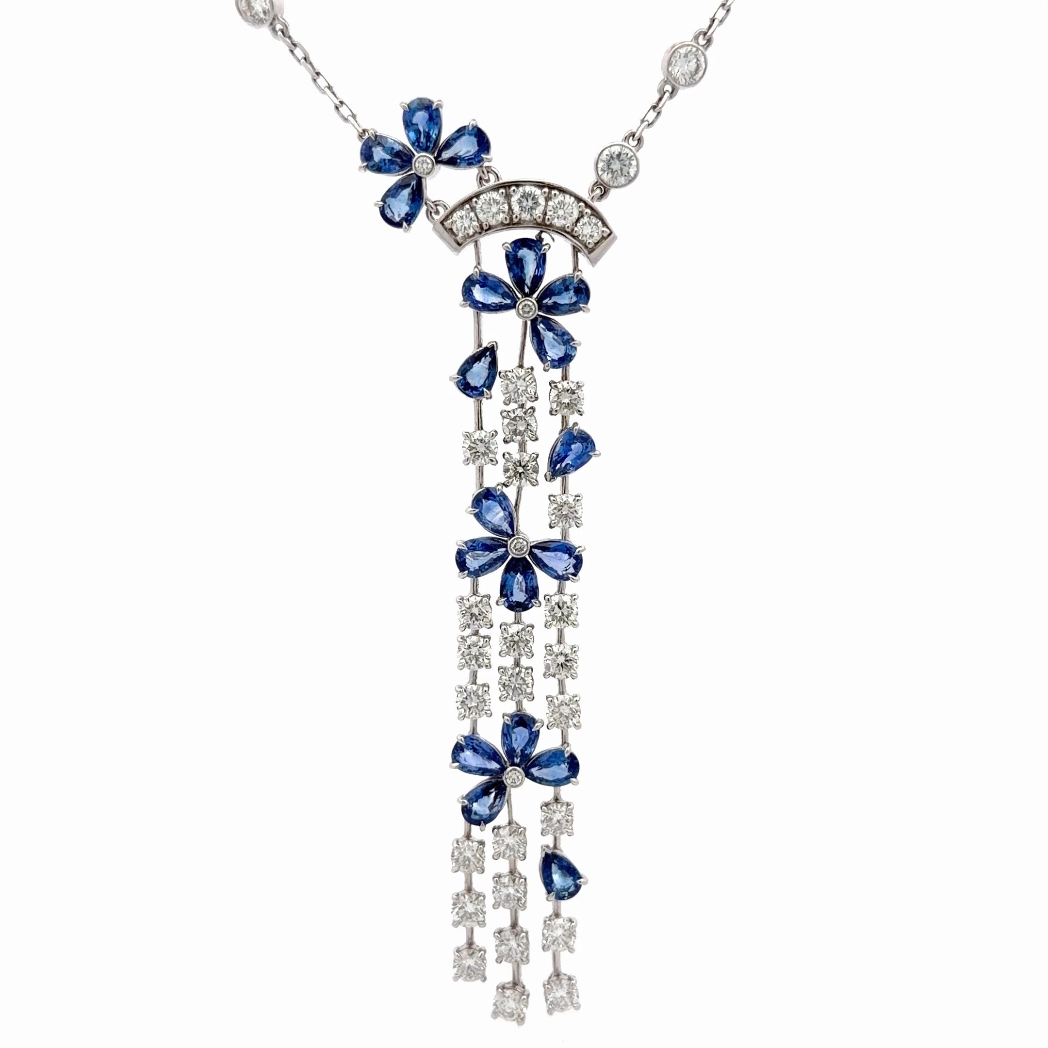 18k White Gold and Platinum Necklace with 12.23ct Sapphire and 7.04ct Natural Diamond