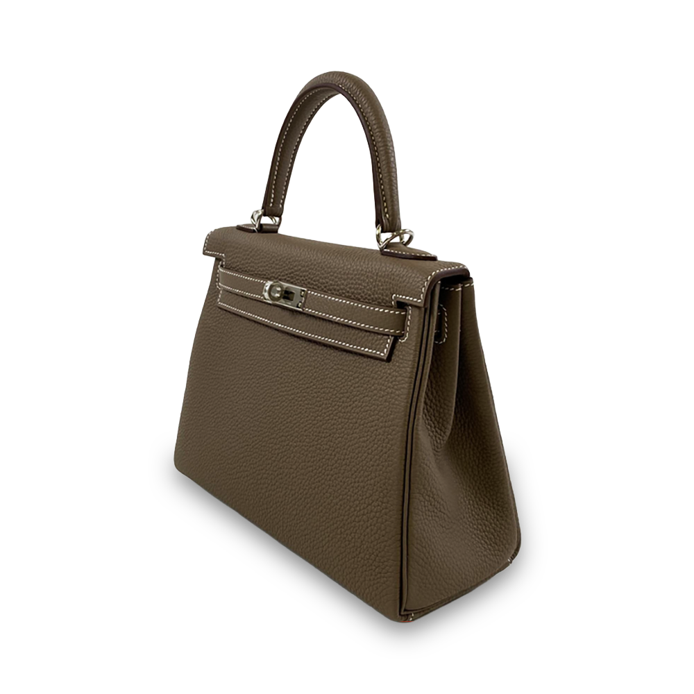 HERMÈS Kelly 25 Inner-Stitching Etoupe Togo Leather Bag Silver Hardware Pre-Owned
