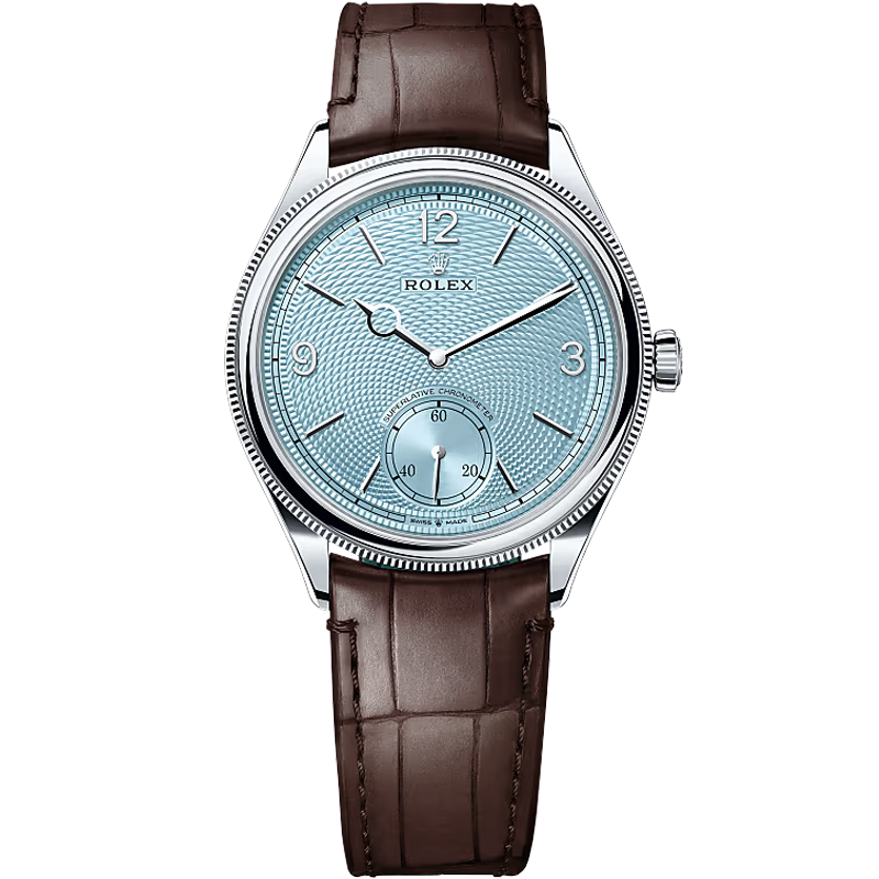 Rolex 1908 52506 Platinum 39mm Ice Blue Dial Brown Strap