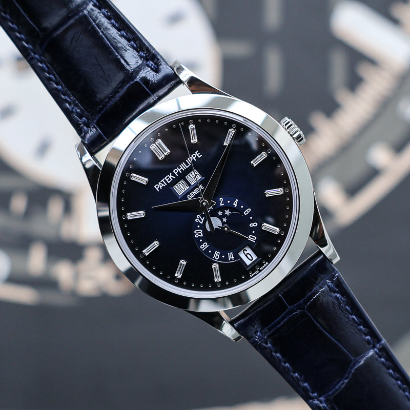 2025 Patek Philippe Complications Annual Calendar 5396G 38.5mm Baguette Diamond Blue Dial