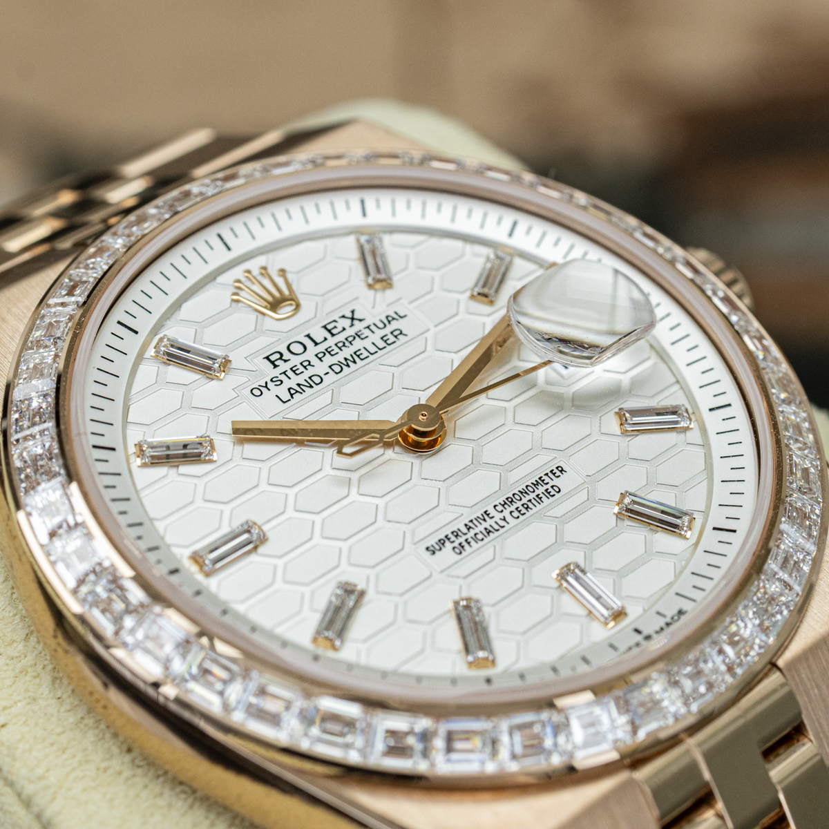 Rolex 2025 FULL STICKERS Land-Dweller 127385TBR 40mm Baguette Diamond-Set White Dial