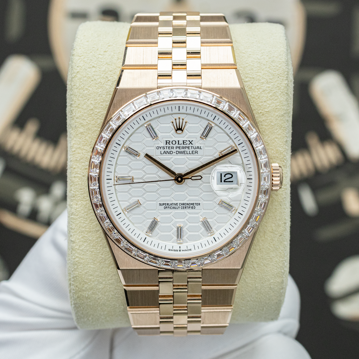 Rolex 2025 FULL STICKERS Land-Dweller 127385TBR 40mm Baguette Diamond-Set White Dial