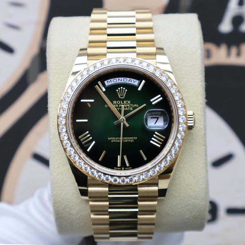 Rolex Day-Date 40 Green Ombré Roman Numeral Dial Diamond Bezel 228348RBR