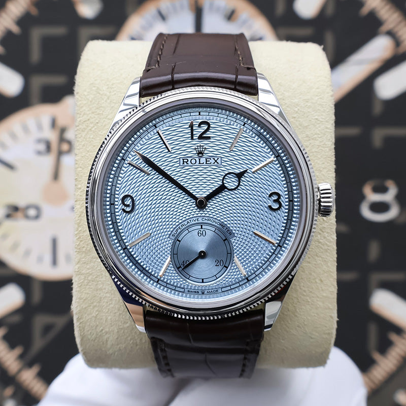 Rolex 1908 52506 Platinum 39mm Ice Blue Dial Brown Strap