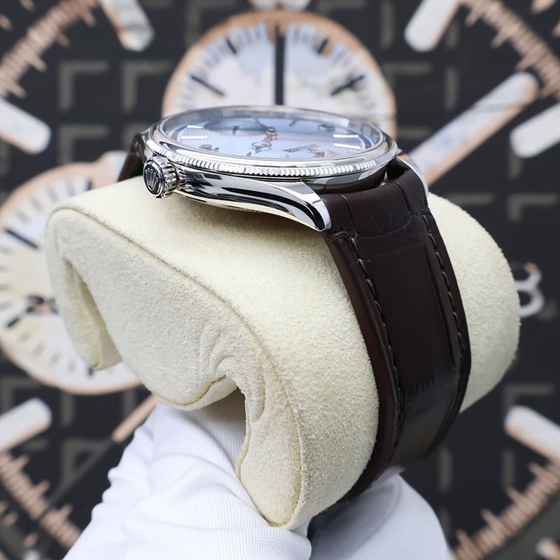 Rolex 1908 52506 Platinum 39mm Ice Blue Dial Brown Strap