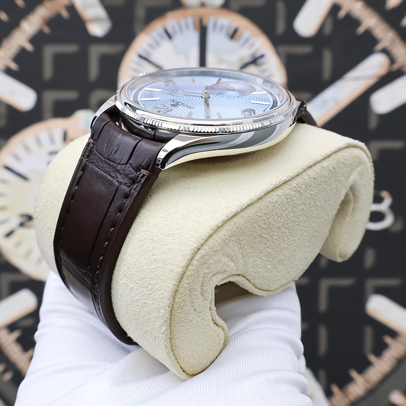 Rolex 1908 52506 Platinum 39mm Ice Blue Dial Brown Strap