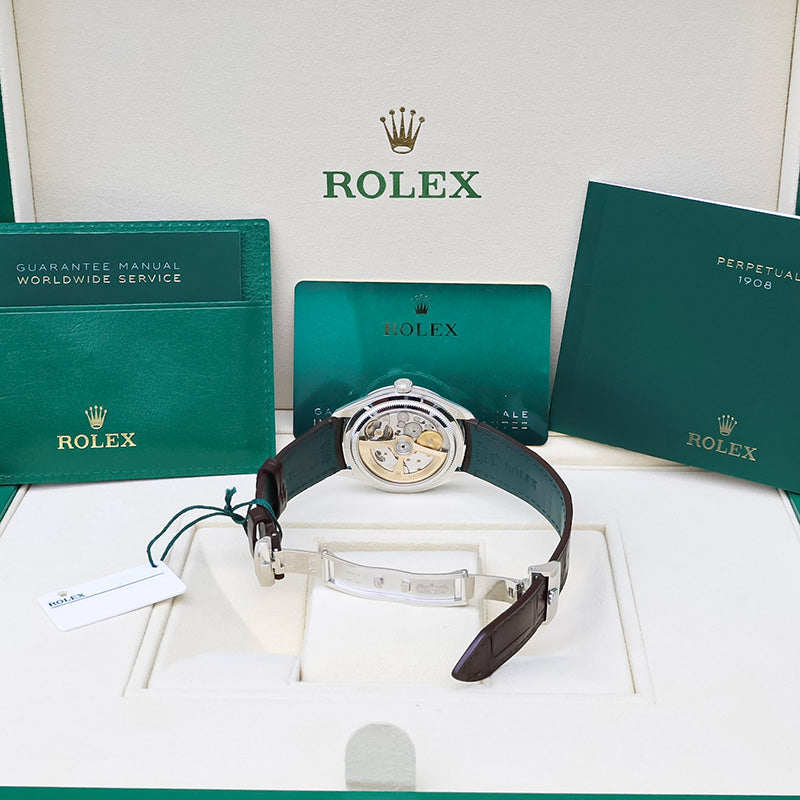 Rolex 1908 52506 Platinum 39mm Ice Blue Dial Brown Strap