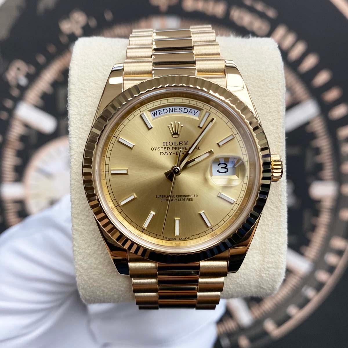 Rolex Day-Date 40 228238 Fluted Bezel Champagne Index Dial Pre-Owned - Gotham Trading