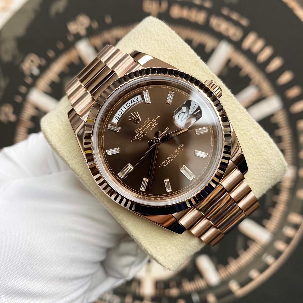 Rolex Day-Date 40 Presidential 228235 Fluted Bezel Baguette Chocolate Dial Pre-Owned - Gotham Trading