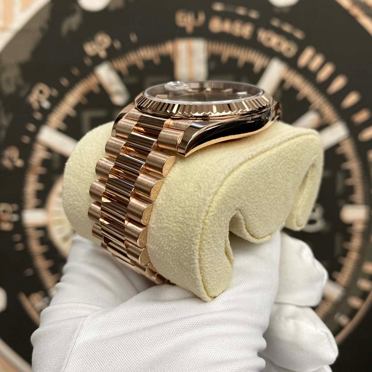 Rolex Day-Date 40 Presidential 228235 Fluted Bezel Baguette Chocolate Dial Pre-Owned - Gotham Trading