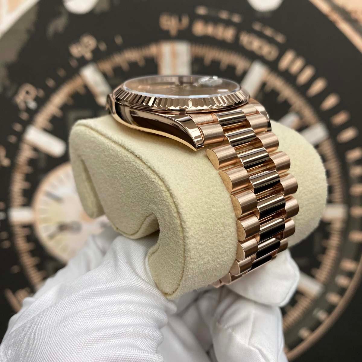 Rolex Day-Date 40 Presidential 228235 Fluted Bezel Baguette Chocolate Dial Pre-Owned - Gotham Trading