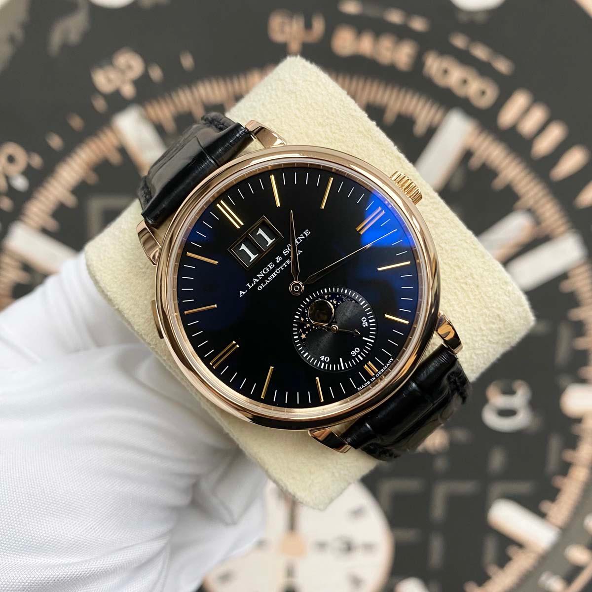 A. Lange & Sohne Saxonia Boutique Exclusive 18kt Rose Gold Moon Phase Automatic 384.031 Black Dial Pre-Owned - Gotham Trading