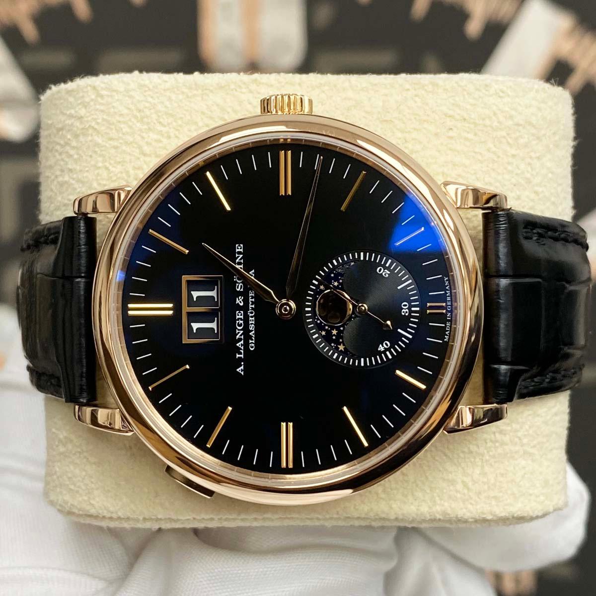 A. Lange & Sohne Saxonia Boutique Exclusive 18kt Rose Gold Moon Phase Automatic 384.031 Black Dial Pre-Owned - Gotham Trading