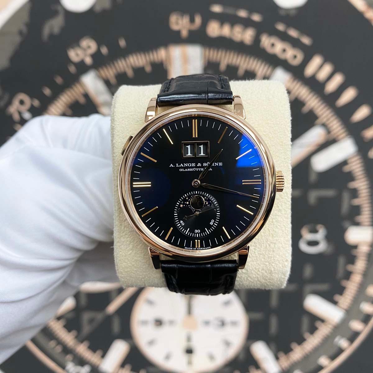 A. Lange & Sohne Saxonia Boutique Exclusive 18kt Rose Gold Moon Phase Automatic 384.031 Black Dial Pre-Owned - Gotham Trading