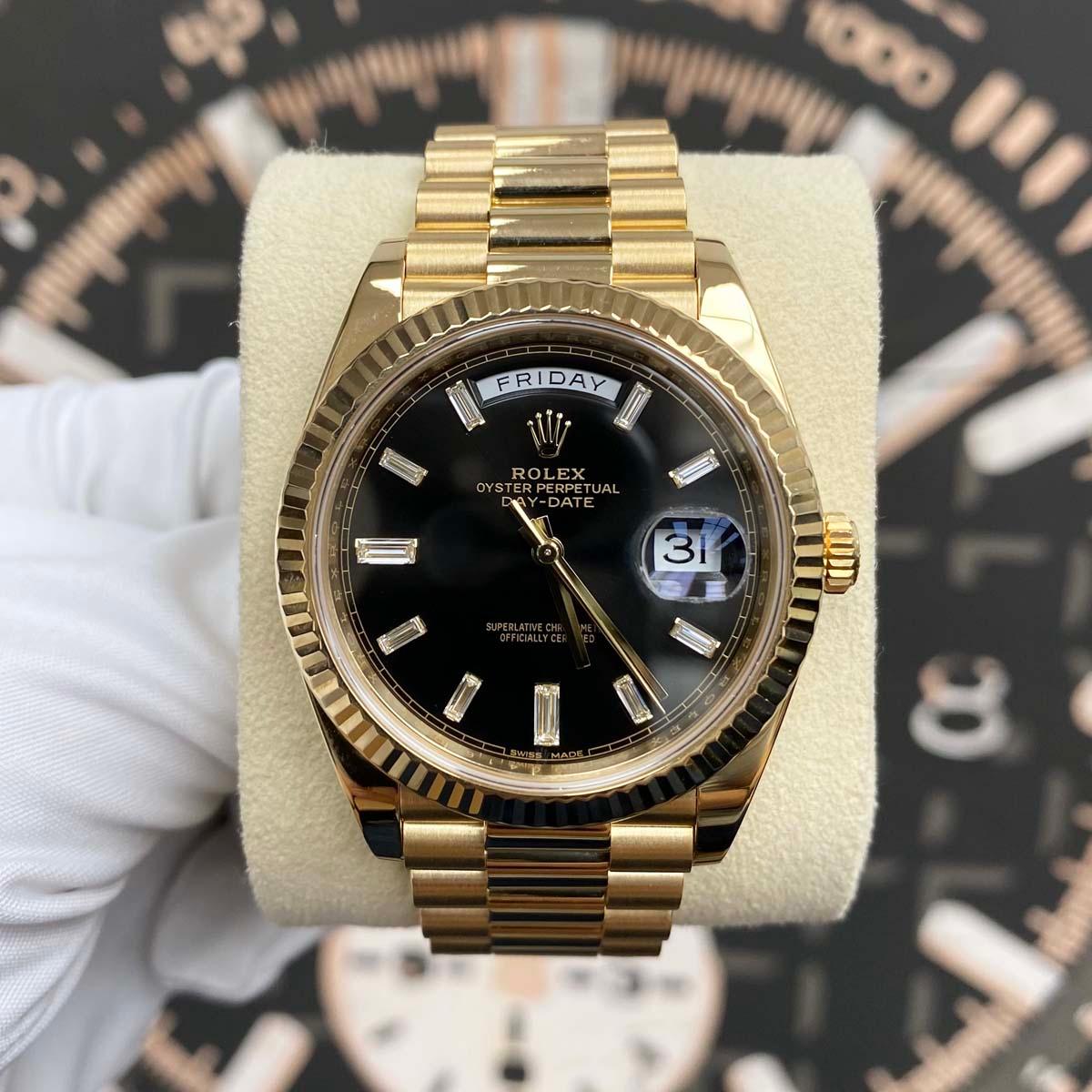 Rolex Day-Date 40 Presidential 228238 Fluted Bezel Baguette Diamond Black Dial Pre-Owned - Gotham Trading