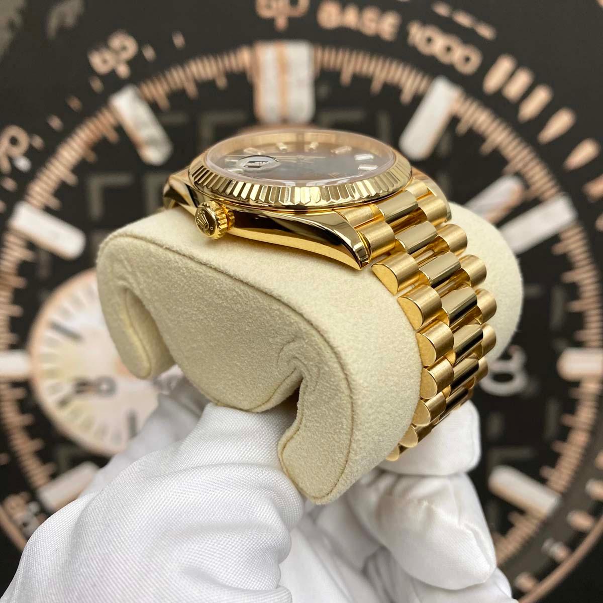 Rolex Day-Date 40 Presidential 228238 Fluted Bezel Baguette Diamond Black Dial Pre-Owned - Gotham Trading