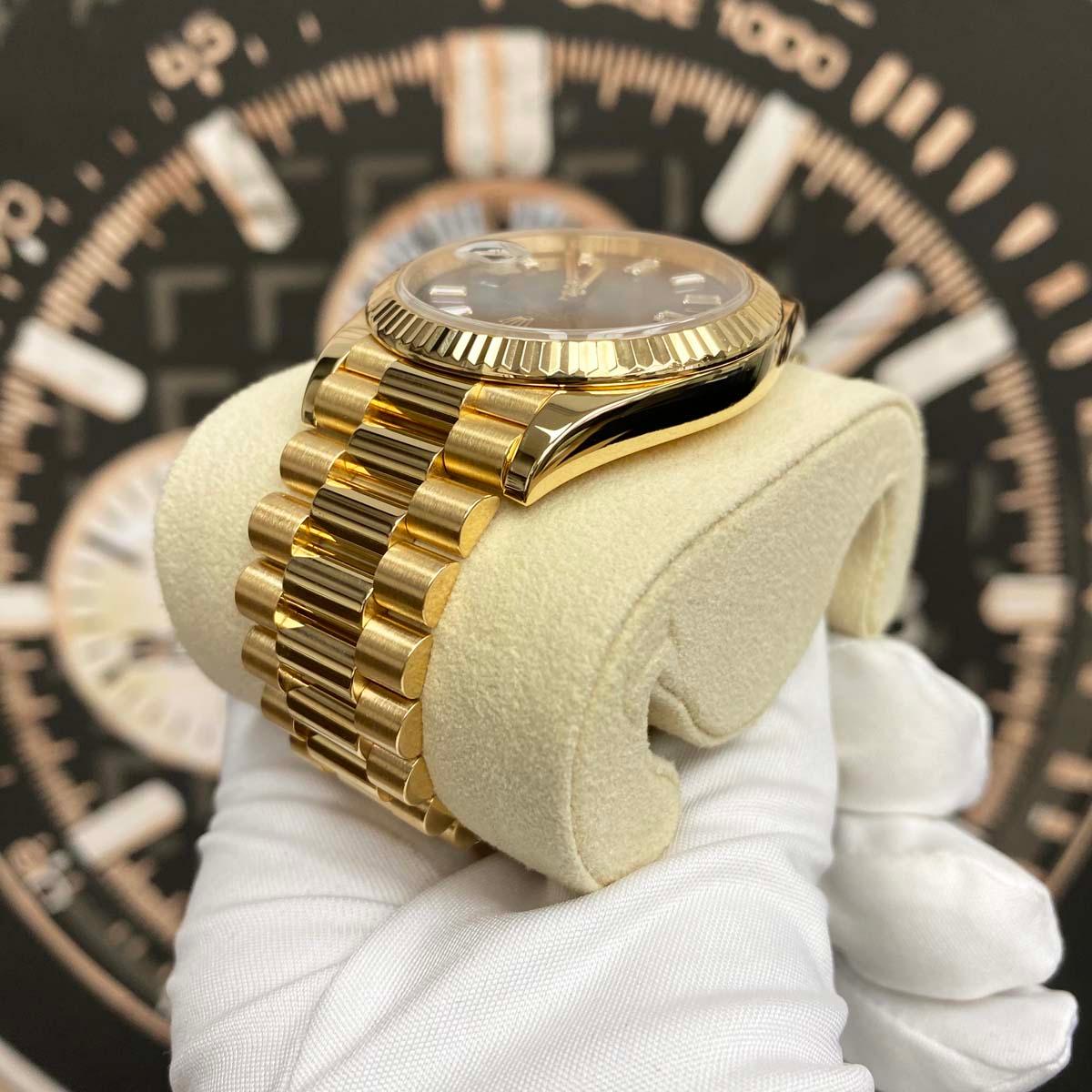 Rolex Day-Date 40 Presidential 228238 Fluted Bezel Baguette Diamond Black Dial Pre-Owned - Gotham Trading