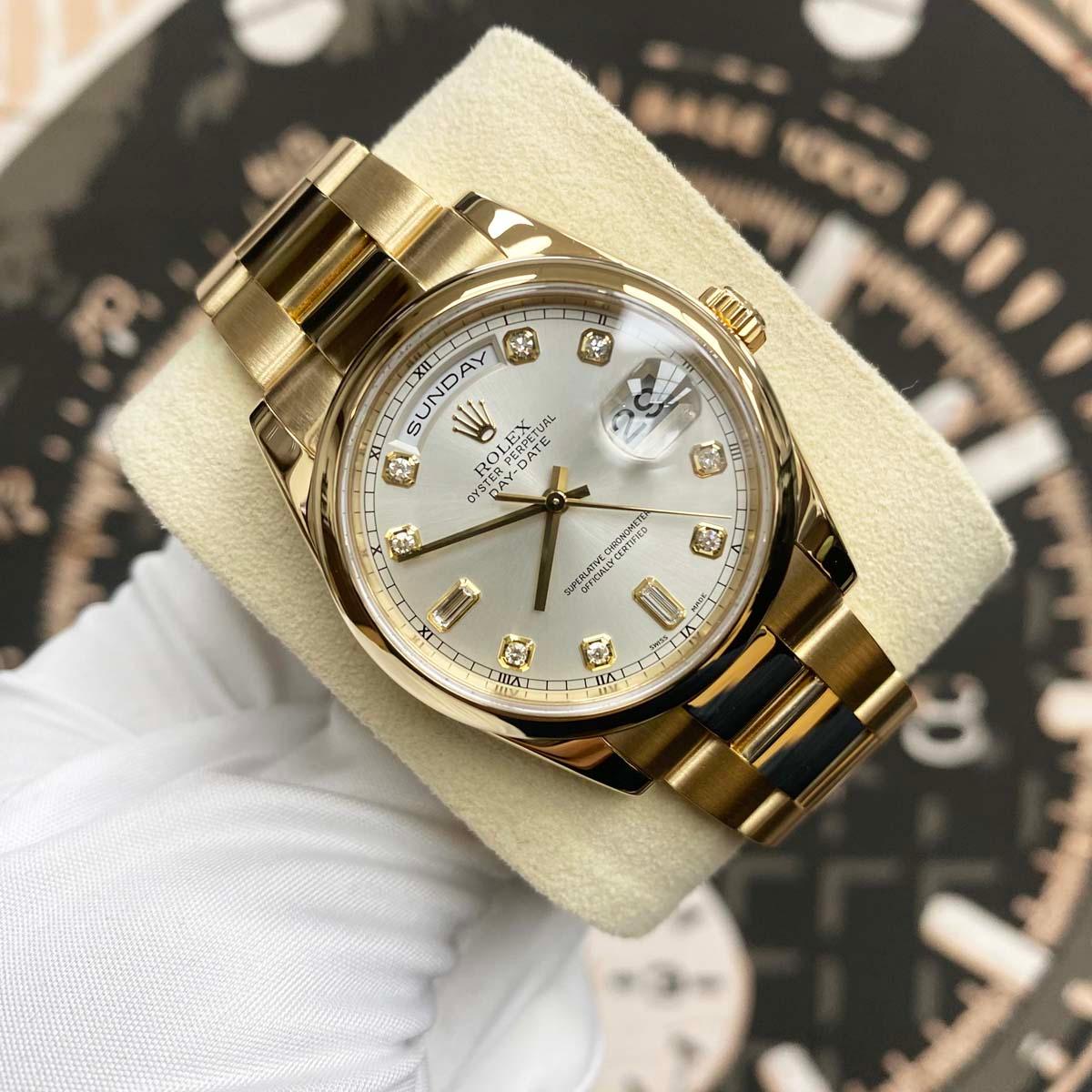 Rolex Day-Date 36mm Yellow Gold Smooth Bezel Oyster Bracelet 118208 Silver Diamond Dial Pre-Owned - Gotham Trading