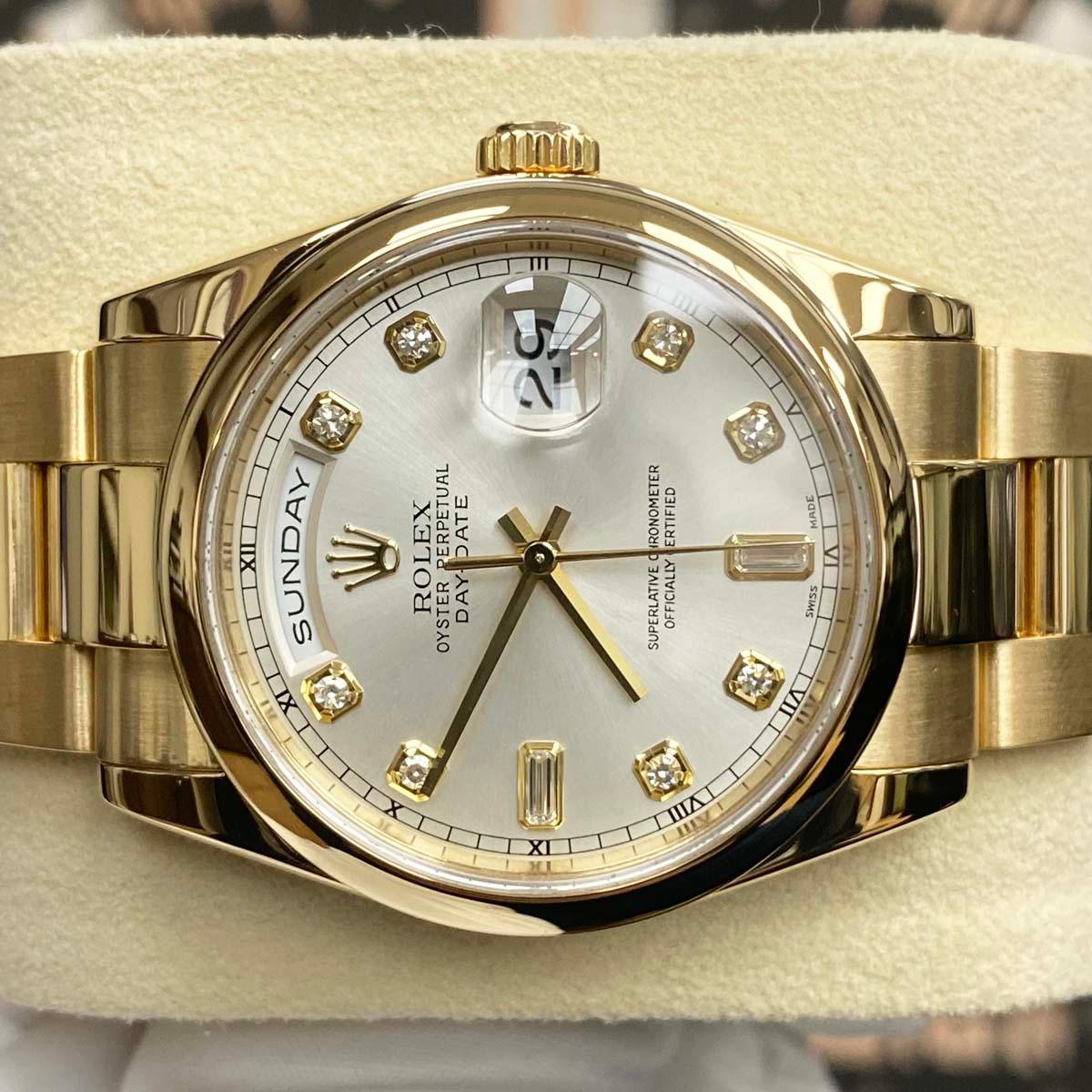 Rolex Day-Date 36mm Yellow Gold Smooth Bezel Oyster Bracelet 118208 Silver Diamond Dial Pre-Owned - Gotham Trading