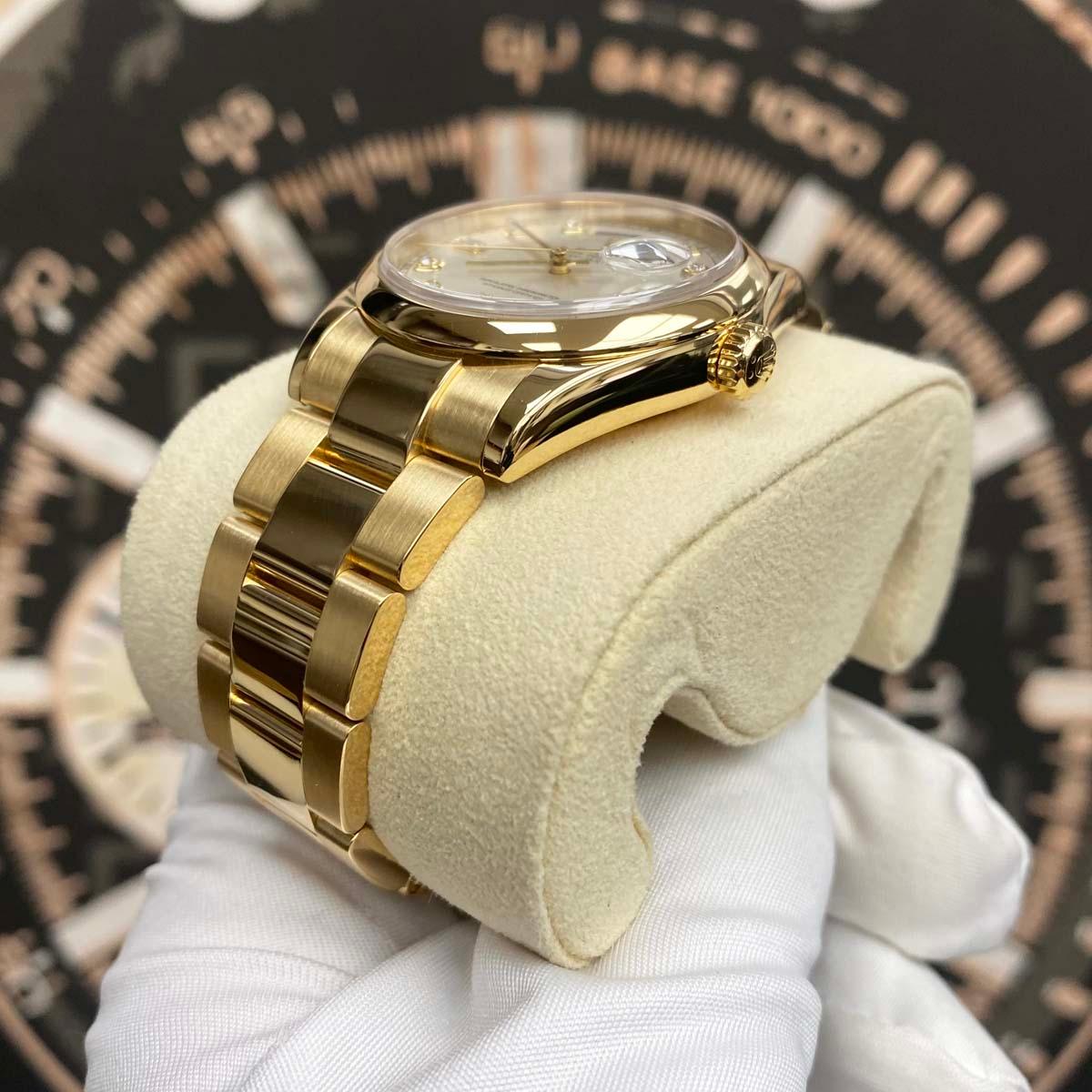 Rolex Day-Date 36mm Yellow Gold Smooth Bezel Oyster Bracelet 118208 Silver Diamond Dial Pre-Owned - Gotham Trading