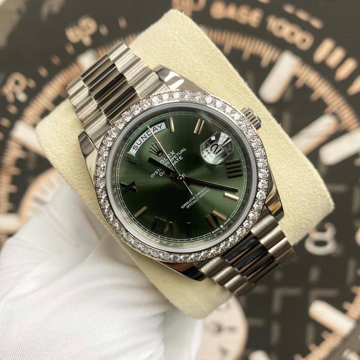 Rolex 2023 Day-Date 40mm Presidential 228349RBR Diamond Bezel Olive Green Dial - Gotham Trading