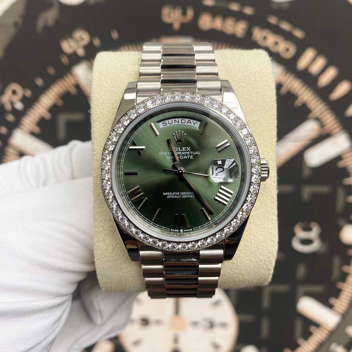 Rolex 2023 Day-Date 40mm Presidential 228349RBR Diamond Bezel Olive Green Dial - Gotham Trading