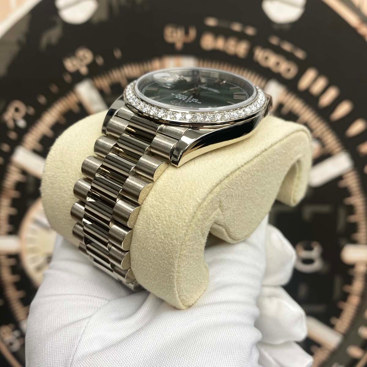 Rolex 2023 Day-Date 40mm Presidential 228349RBR Diamond Bezel Olive Green Dial - Gotham Trading