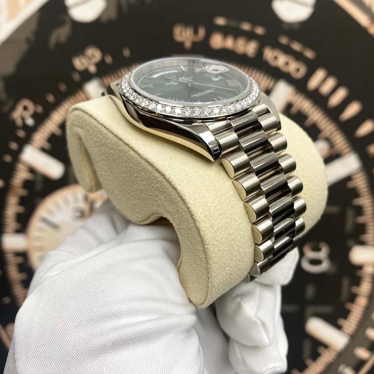 Rolex 2023 Day-Date 40mm Presidential 228349RBR Diamond Bezel Olive Green Dial - Gotham Trading