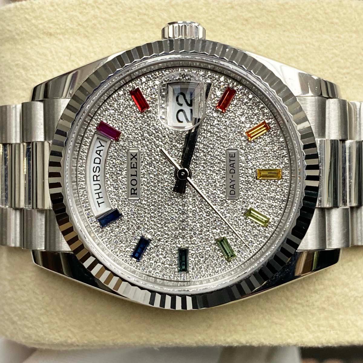 Rolex Day-Date Rainbow Pave Diamond Dial Fluted Bezel Platinum 36mm 128236 Pre-Owned - Gotham Trading