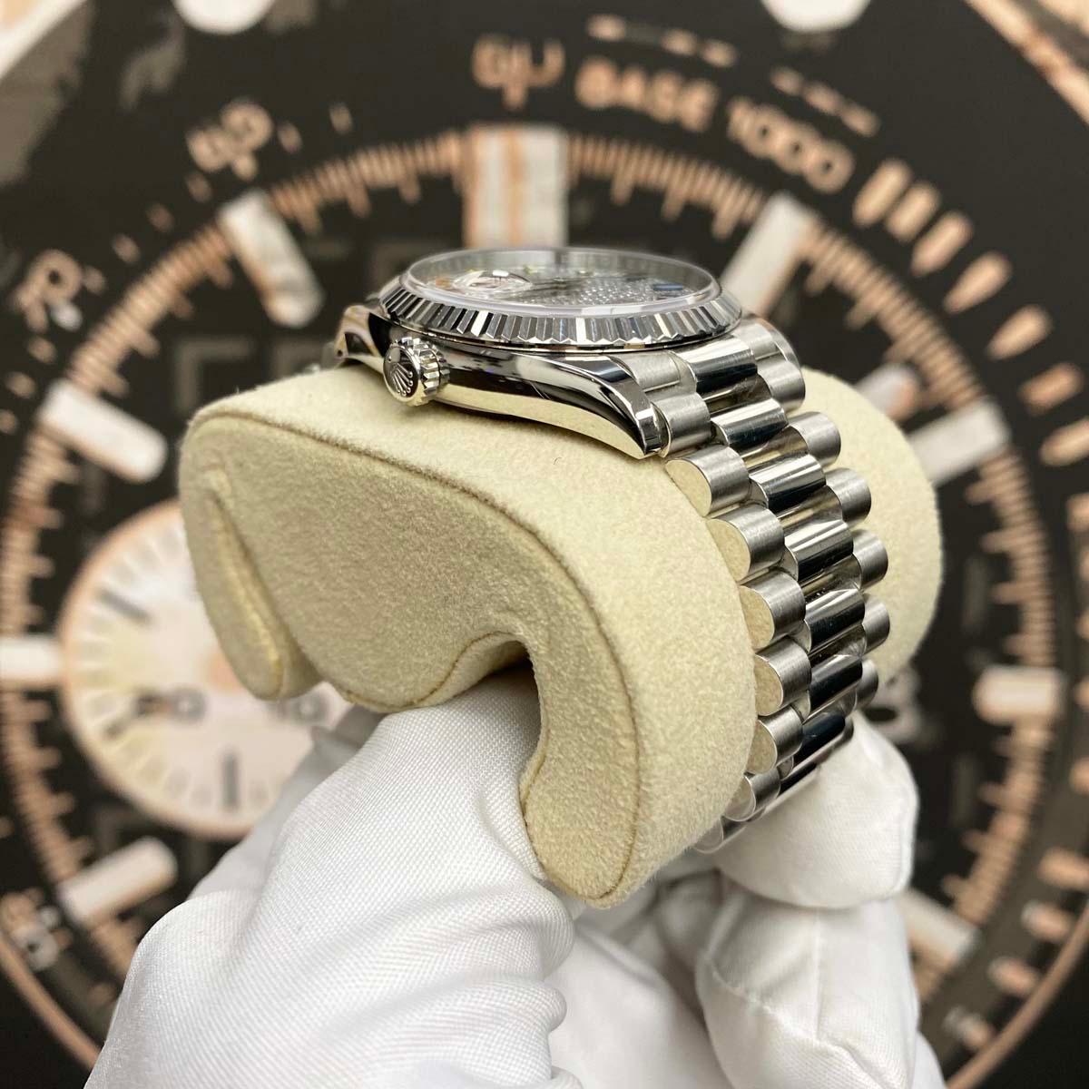Rolex Day-Date Rainbow Pave Diamond Dial Fluted Bezel Platinum 36mm 128236 Pre-Owned - Gotham Trading