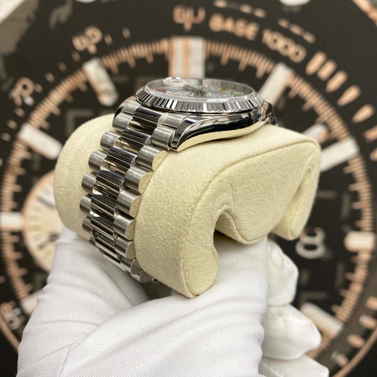 Rolex Day-Date Rainbow Pave Diamond Dial Fluted Bezel Platinum 36mm 128236 Pre-Owned - Gotham Trading