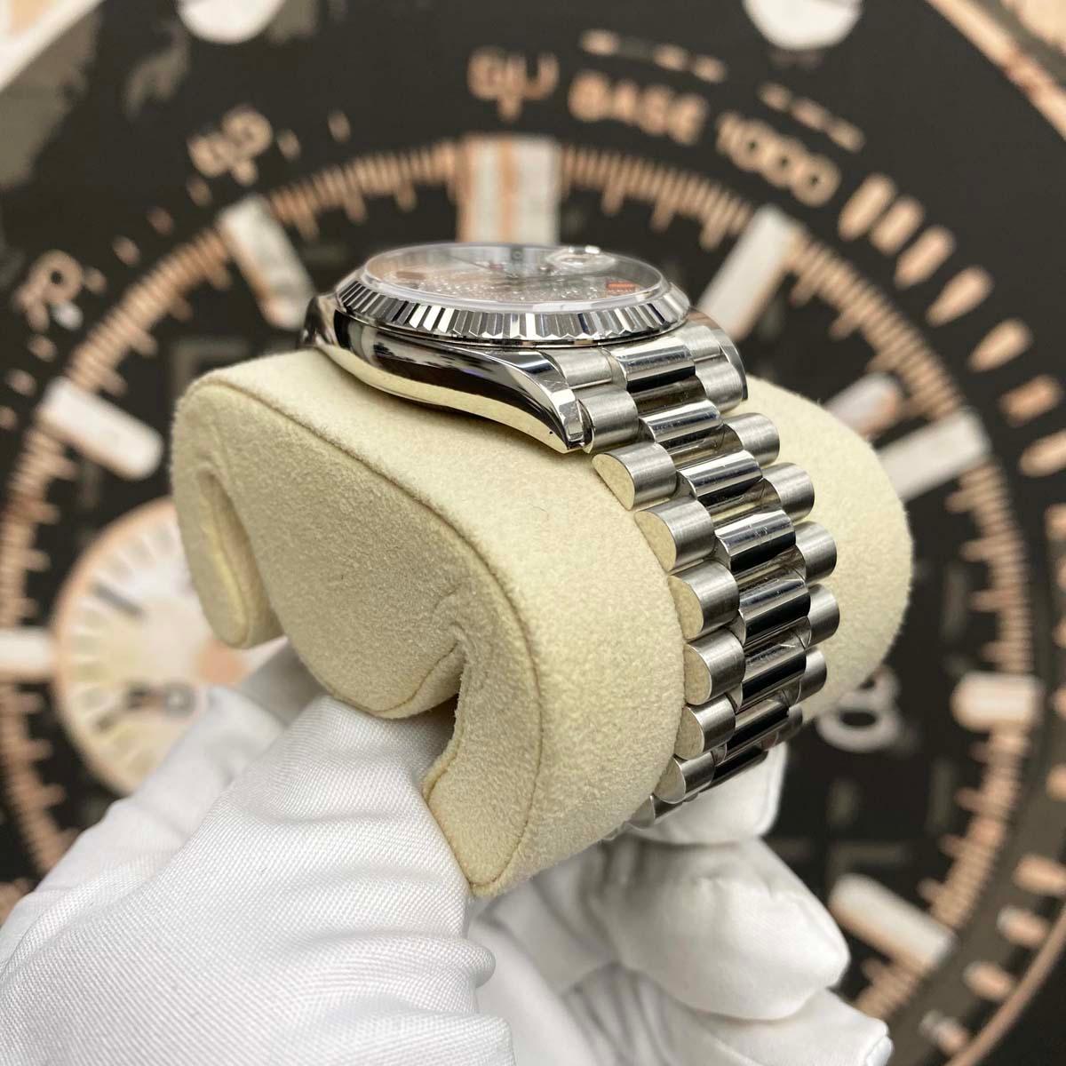 Rolex Day-Date Rainbow Pave Diamond Dial Fluted Bezel Platinum 36mm 128236 Pre-Owned - Gotham Trading
