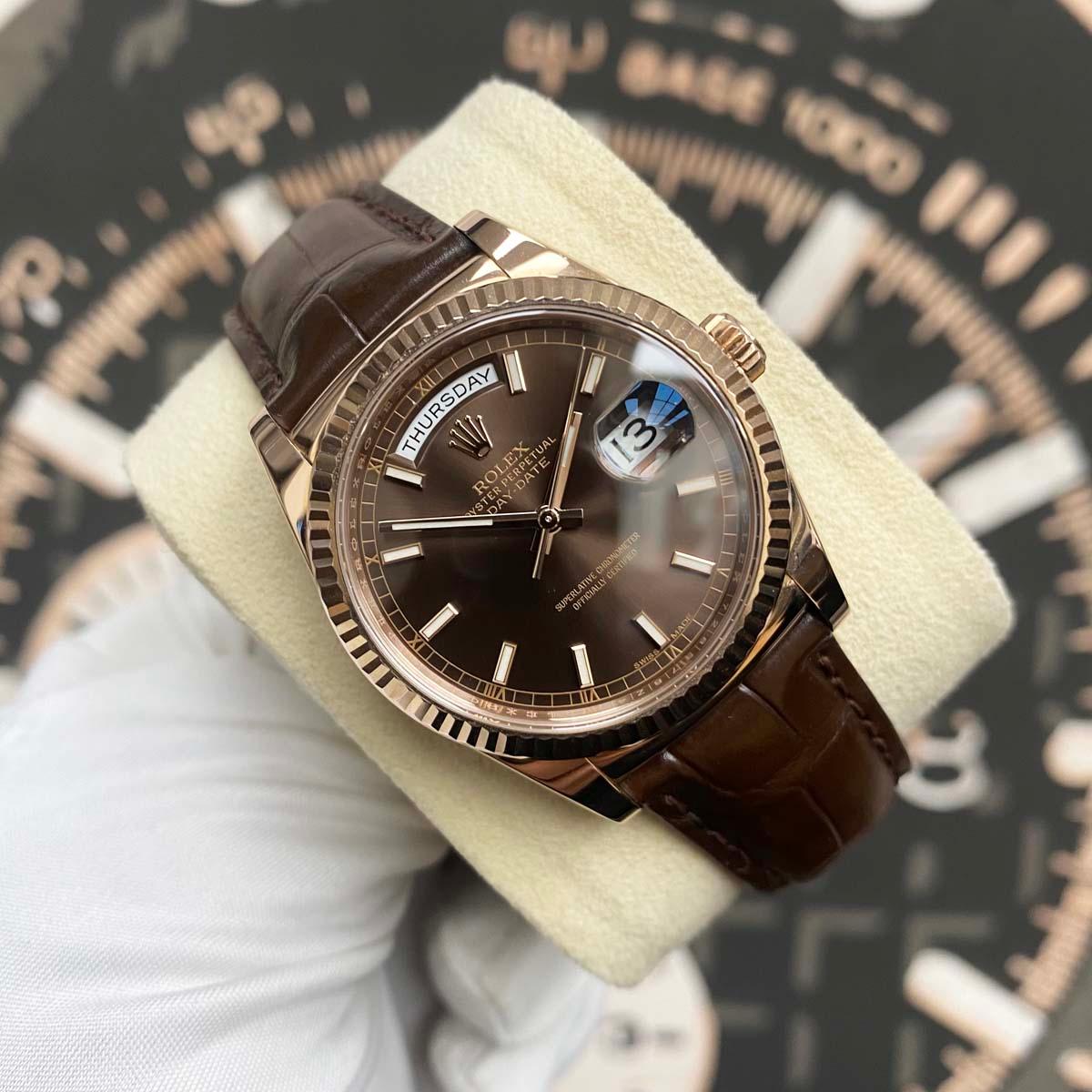 Rolex Day-Date Chocolate Dial Fluted Bezel 36mm 118135 MINT Pre-Owned - Gotham Trading