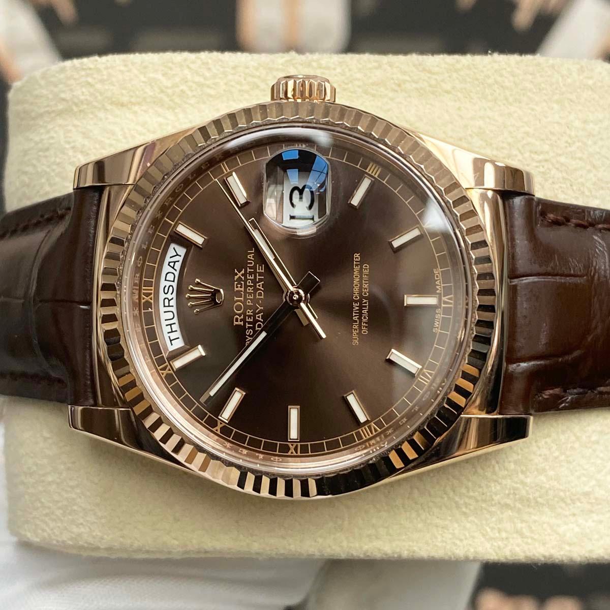 Rolex Day-Date Chocolate Dial Fluted Bezel 36mm 118135 MINT Pre-Owned - Gotham Trading