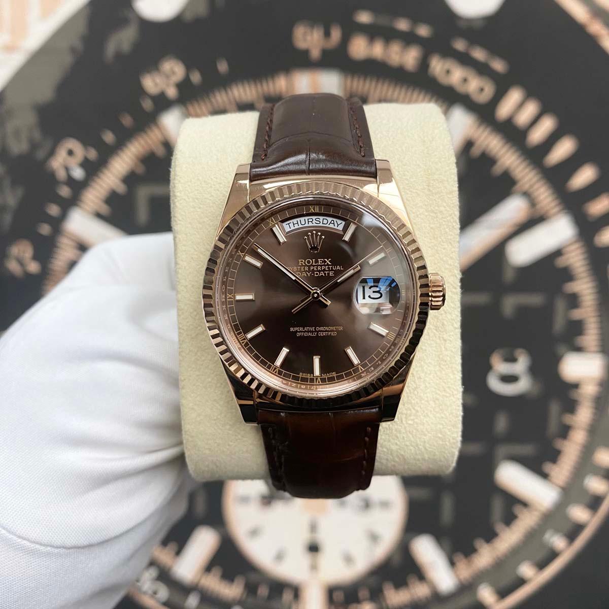 Rolex Day-Date Chocolate Dial Fluted Bezel 36mm 118135 MINT Pre-Owned - Gotham Trading
