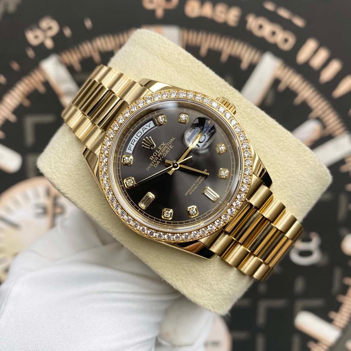 Rolex Day-Date Dark Grey Diamond Dial Diamond Bezel 36mm 128348RBR Pre-Owned - Gotham Trading