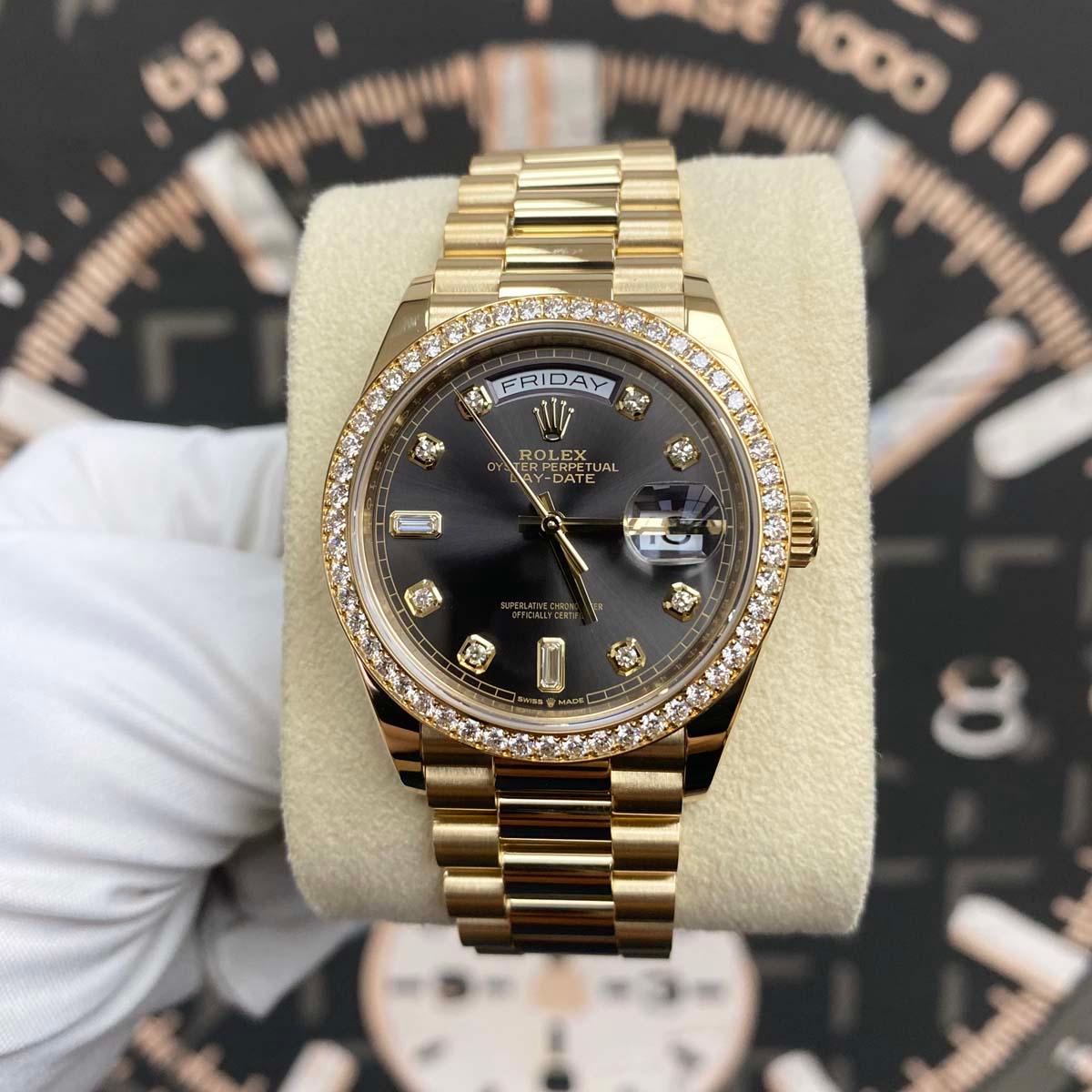 Rolex Day-Date Dark Grey Diamond Dial Diamond Bezel 36mm 128348RBR Pre-Owned - Gotham Trading