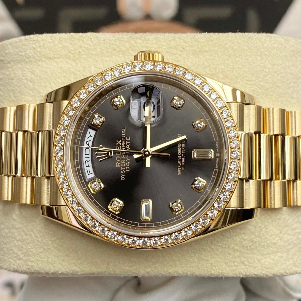 Rolex Day-Date Dark Grey Diamond Dial Diamond Bezel 36mm 128348RBR Pre-Owned - Gotham Trading