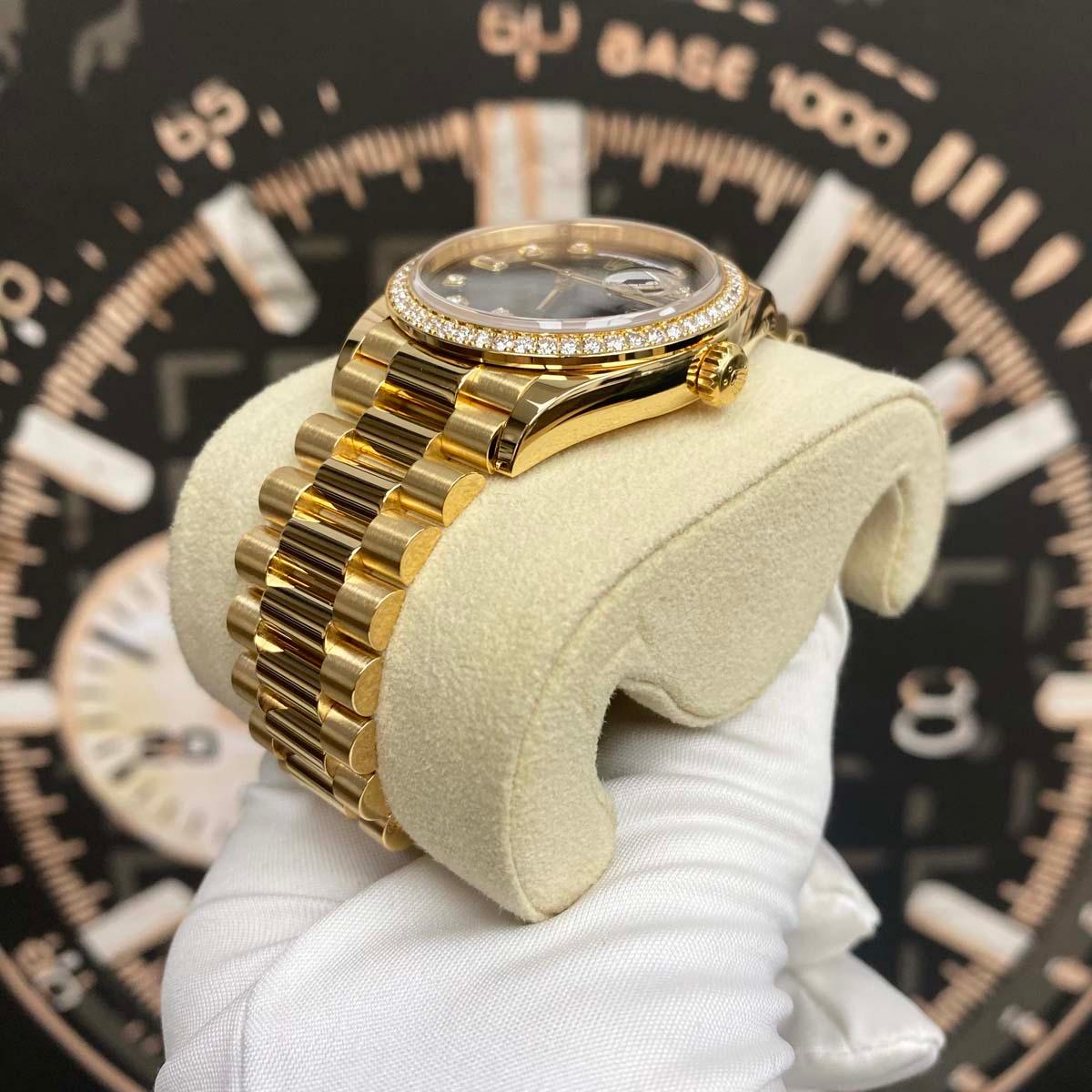 Rolex Day-Date Dark Grey Diamond Dial Diamond Bezel 36mm 128348RBR Pre-Owned - Gotham Trading