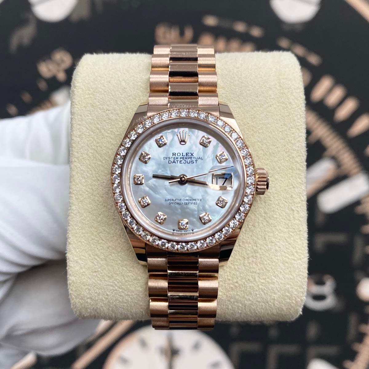 Rolex Lady-Datejust Mother Of Pearl Diamond Dial Diamond Bezel 28mm 279135RBR - Gotham Trading
