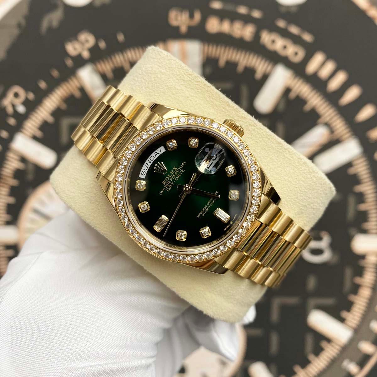 Rolex Day-Date Green Ombre Diamond Dial Diamond Bezel 36mm 128348RBR Pre-Owned - Gotham Trading