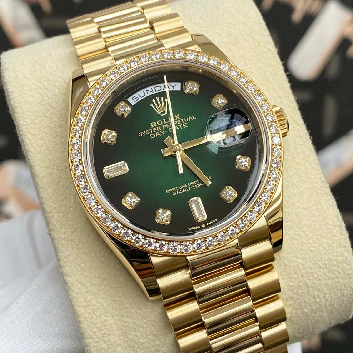 Rolex Day-Date Green Ombre Diamond Dial Diamond Bezel 36mm 128348RBR Pre-Owned - Gotham Trading