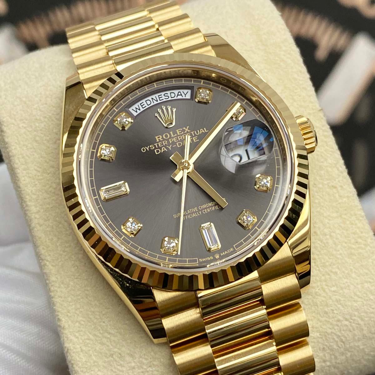 Rolex Day-Date 36mm Presidential 128238 Fluted Bezel Grey Diamond Dial Pre-Owned - Gotham Trading