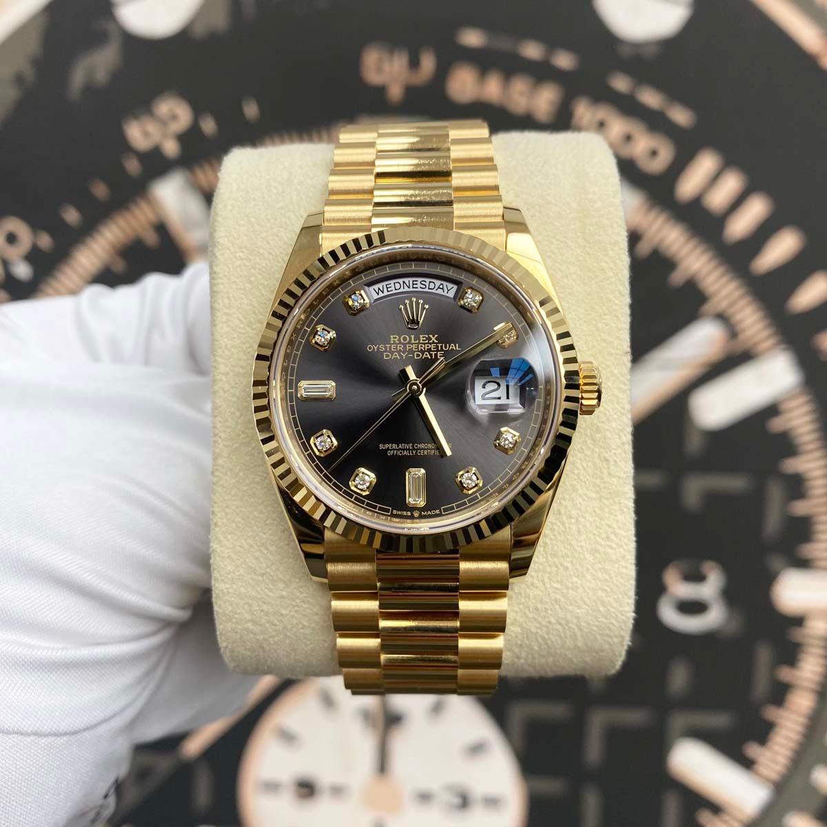 Rolex Day-Date 36mm Presidential 128238 Fluted Bezel Grey Diamond Dial Pre-Owned - Gotham Trading