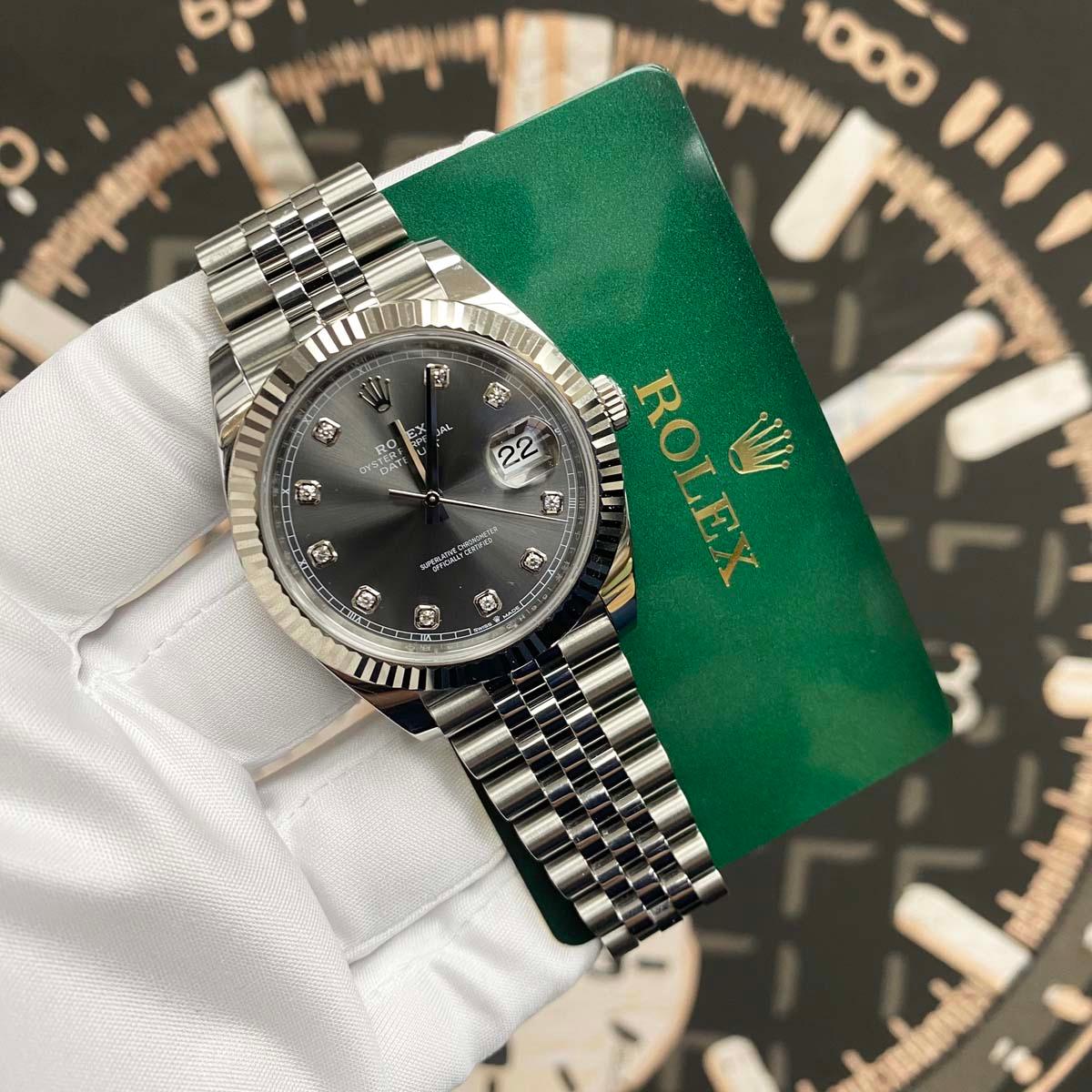 Rolex Datejust 41mm Slate Diamond Dial Fluted Bezel 126334 Excellent Condition Pre-Owned - Gotham Trading