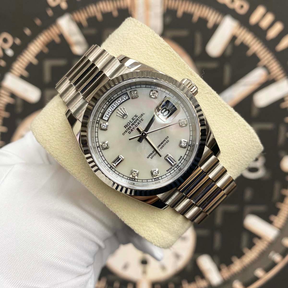 Rolex Day-Date 36mm Custom Mother Of Pearl Diamond Dial Fluted Bezel 128239 Pre-Owned - Gotham Trading