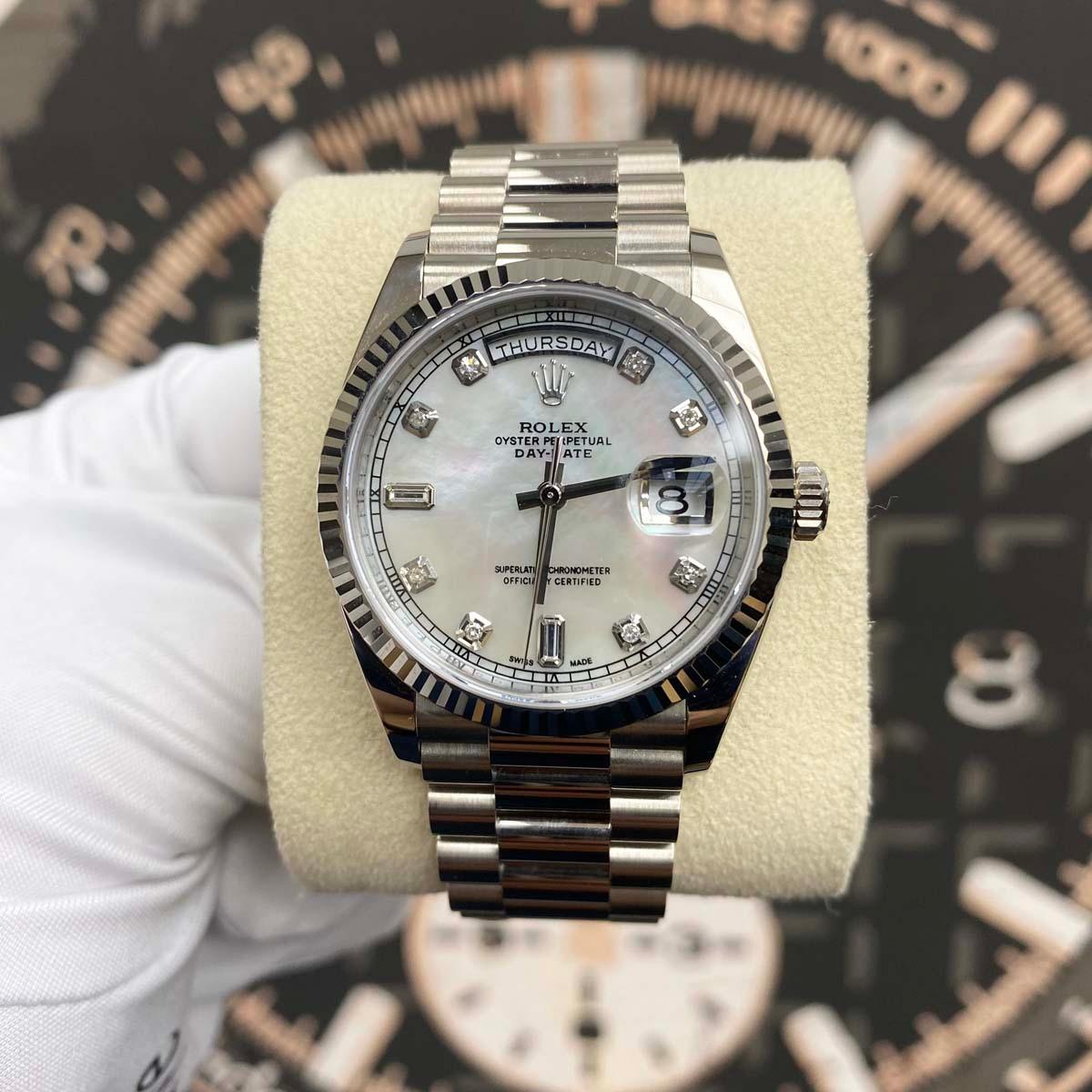 Rolex Day-Date 36mm Custom Mother Of Pearl Diamond Dial Fluted Bezel 128239 Pre-Owned - Gotham Trading