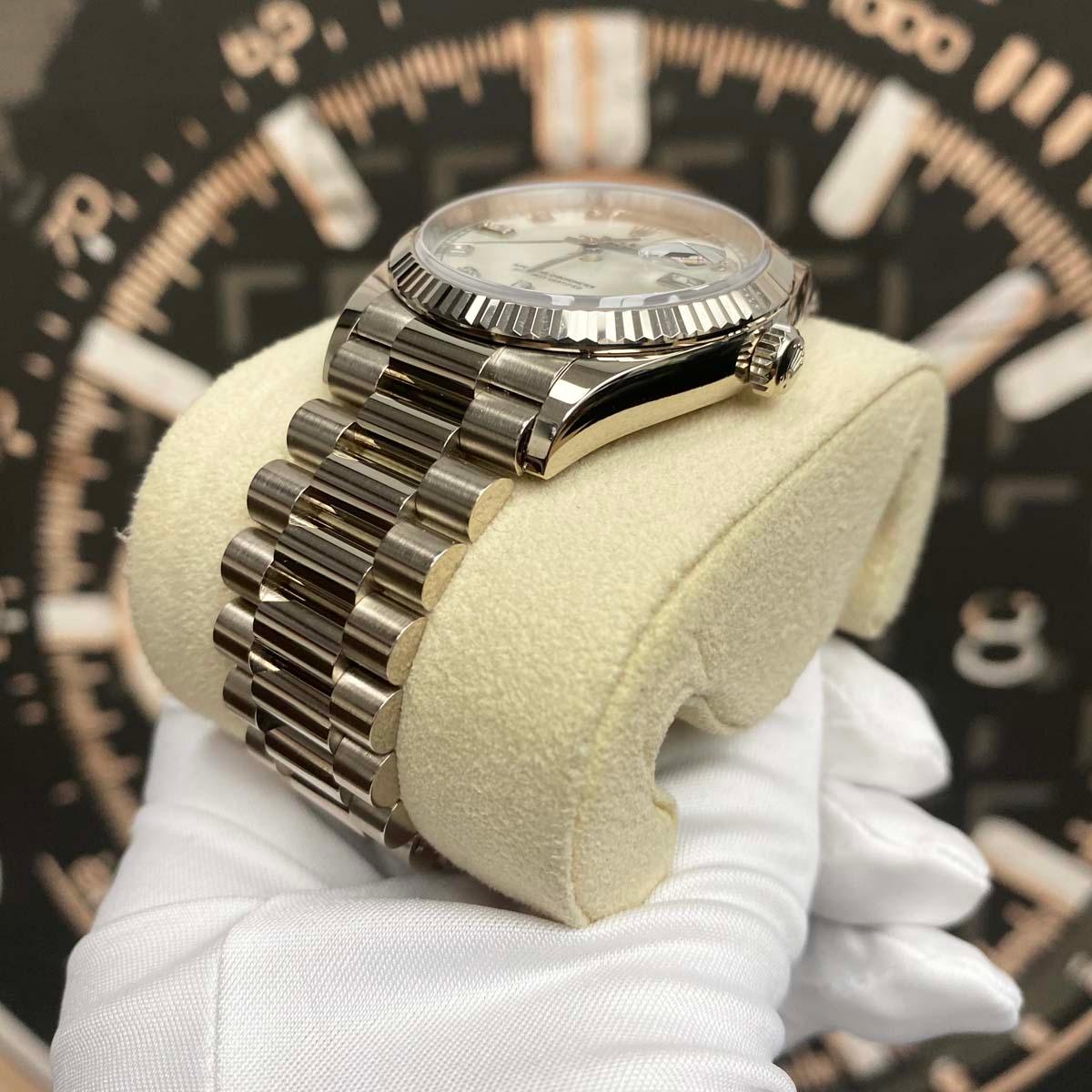 Rolex Day-Date 36mm Custom Mother Of Pearl Diamond Dial Fluted Bezel 128239 Pre-Owned - Gotham Trading